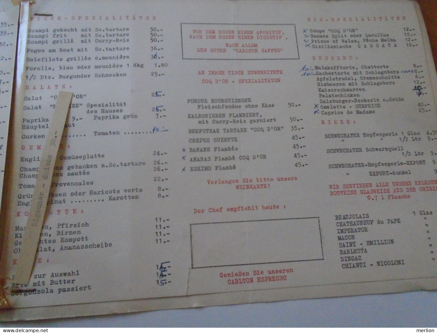 D202252  Menu Speisenkarte Rotisserie Coq d'or  Carlton - Hotel Capricorno  WIEN  I. Führichgasse 1 Österreich ca 1960's