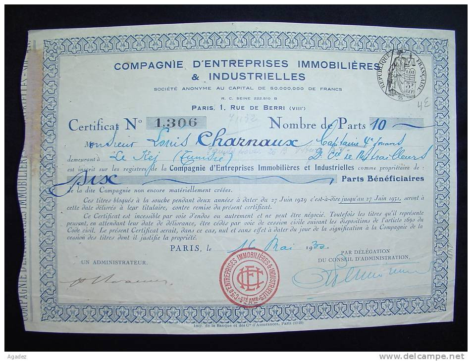 Certificat De 10 Parts " Cie D'entreprises Immobilières Et Industrielles " Paris 1930 Bon état. - Bank En Verzekering