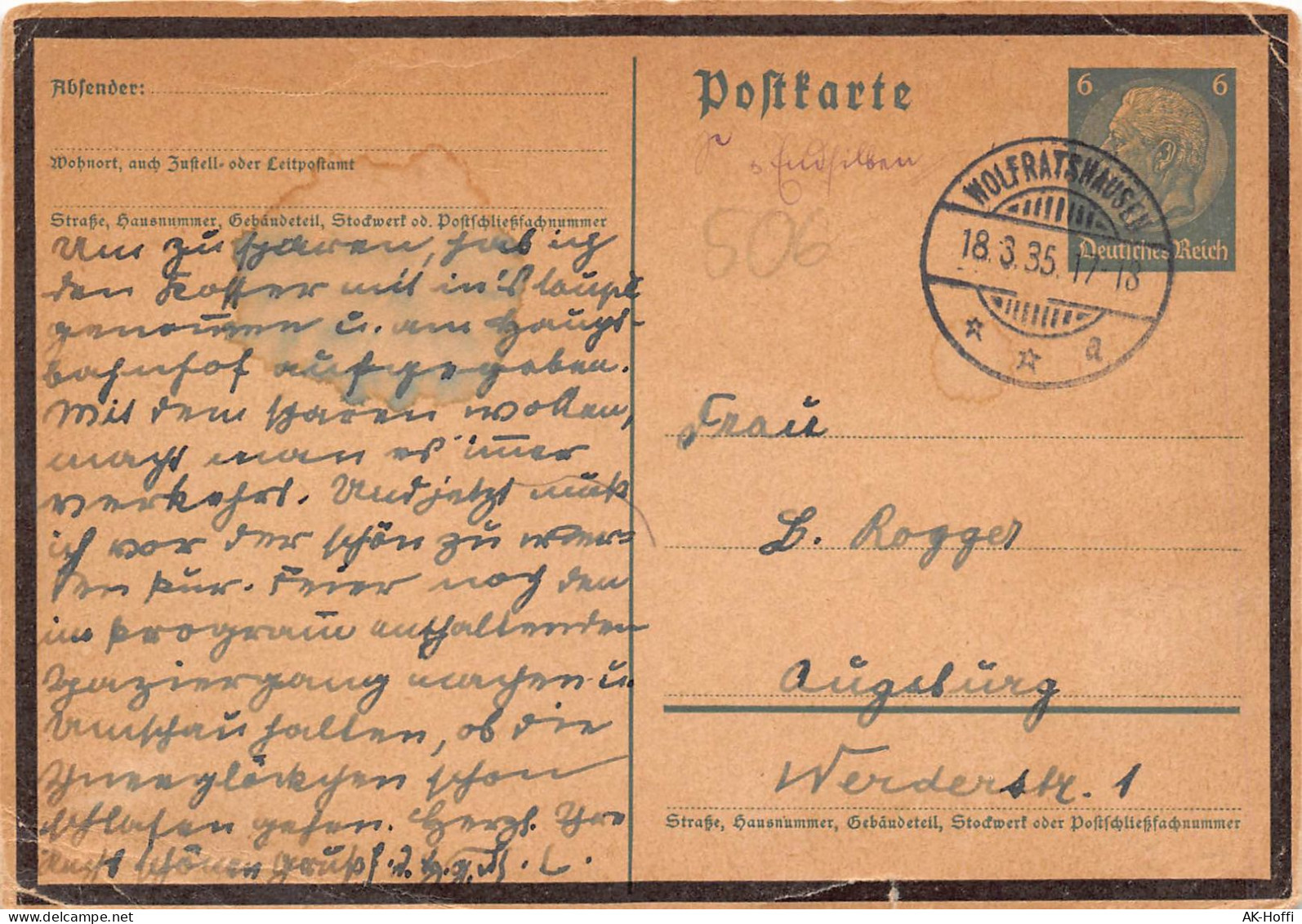 Ganzsache Gelaufen Von Wolfratshausen Nach Augsburg 1935 - Cartes Postales