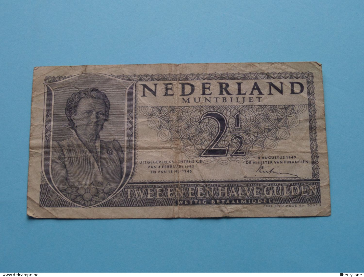 2 1/2 Gulden ( 8 Aug 1949 - 5SL019830 ) De Nederland Muntbiljet ( For Grade, Please See Photo ) Circulated ! - 1 Gulde