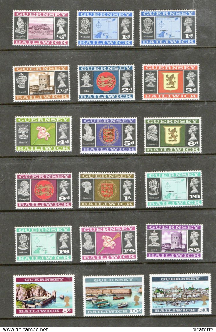 GUERNSEY- Pre Decimal Definitives- Complete 16V 1969 MNH Set + 2V 1970 Varieties(corrected Degrees Latitude) On 1d,1s 6d - Guernsey