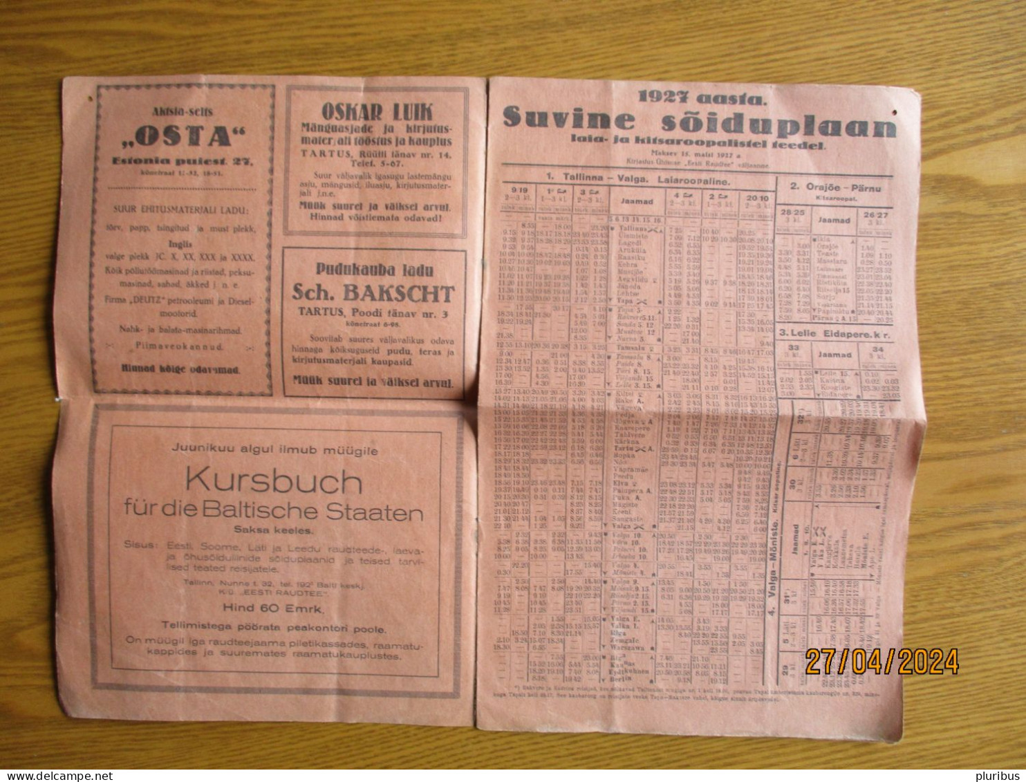 ESTONIA 1927 Summer  TIMETABLE  RAILWAY   STEAMER LINES - Europa