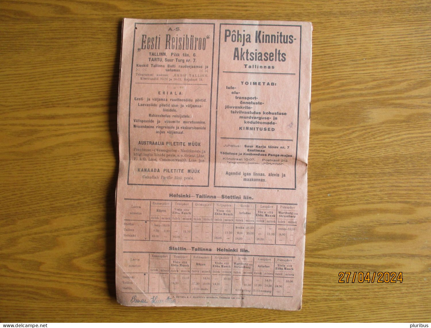 ESTONIA 1927 Summer  TIMETABLE  RAILWAY   STEAMER LINES - Europa