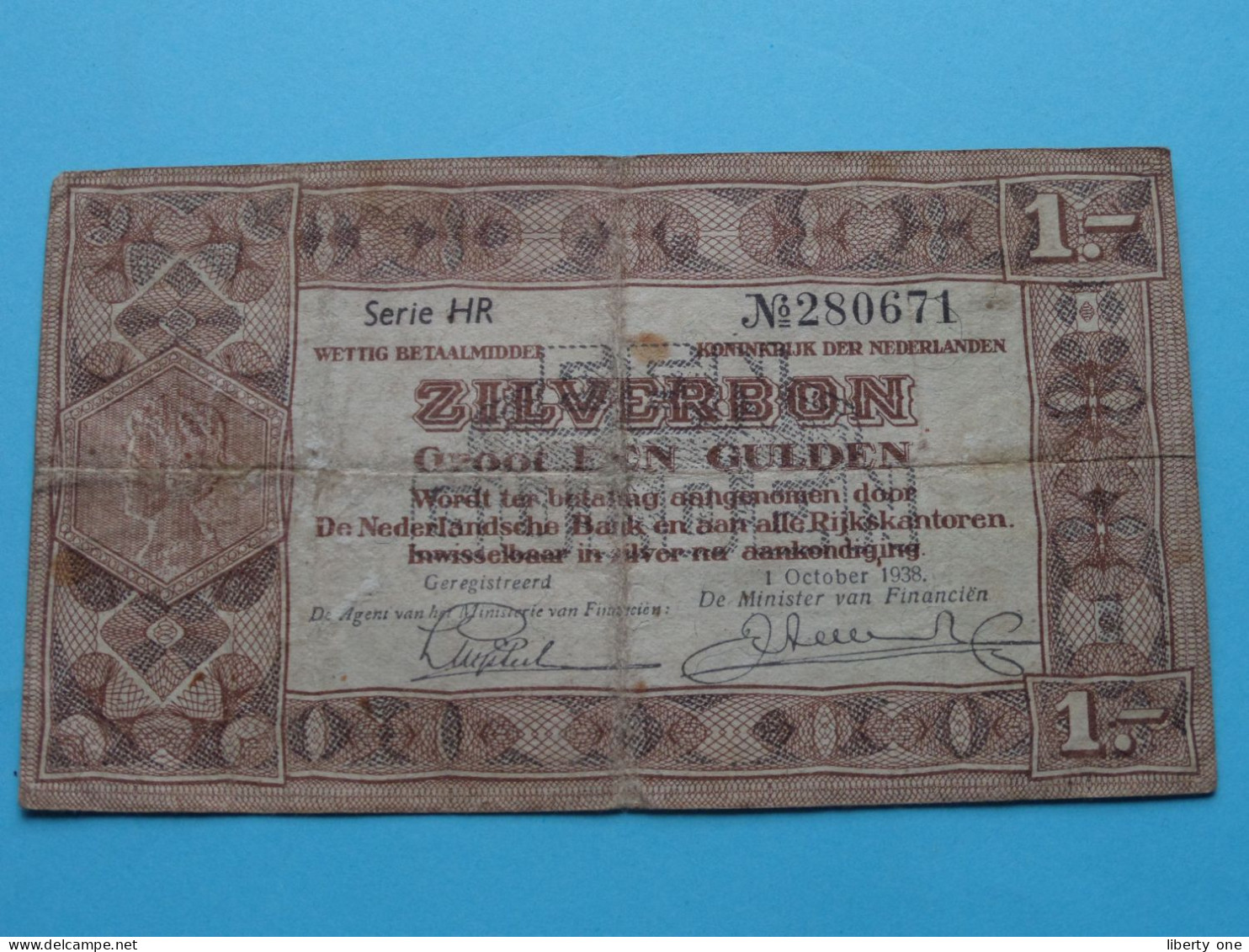 1 Gulden ZILVERBON ( Serie HR N° 280671 - 1 Oct 1938 ) Nederland ( For Grade, Please See Photo ) Circulated ! - 1 Gulden