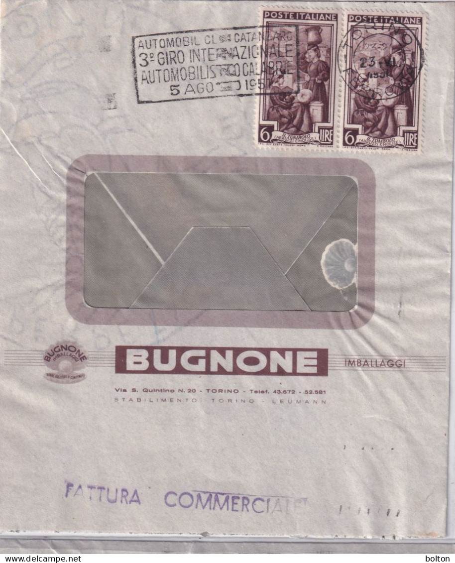 1951busta Affrancata Con Coppia 6 Lire Italia Al Lavoro Annullom Meccanico 3° Giro Int.automobilistico Delle Calabrie - Marcophilie