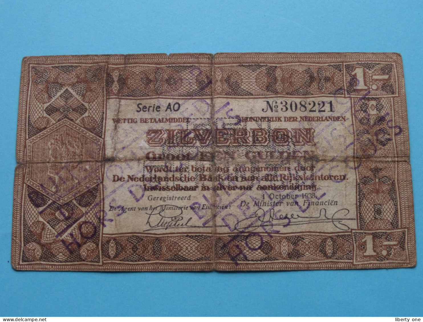 1 Gulden ZILVERBON ( Serie AO N° 308221 - 1 Oct 1938 ) Buiten Omloop ( For Grade, Please See Photo ) Circulated ! - 1 Gulden