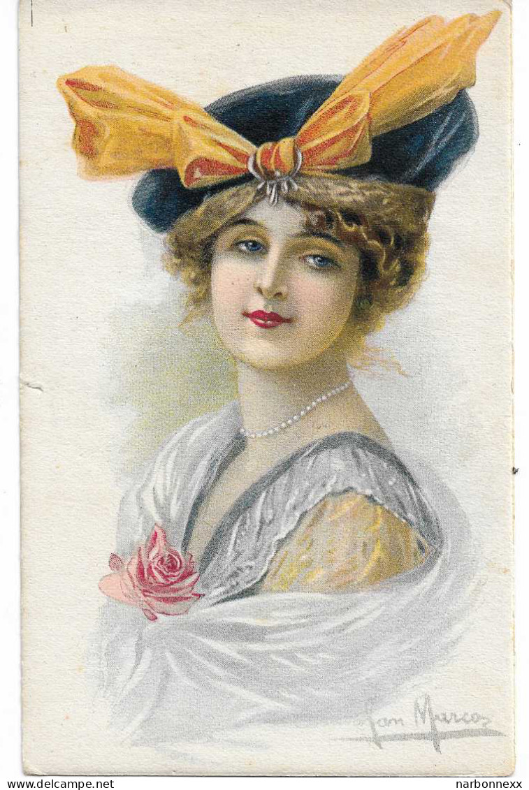 San Marco, Belle Carte. Femme Avec Chapeau Bleu, Ruban Jaune. No.  2037 - Sonstige & Ohne Zuordnung