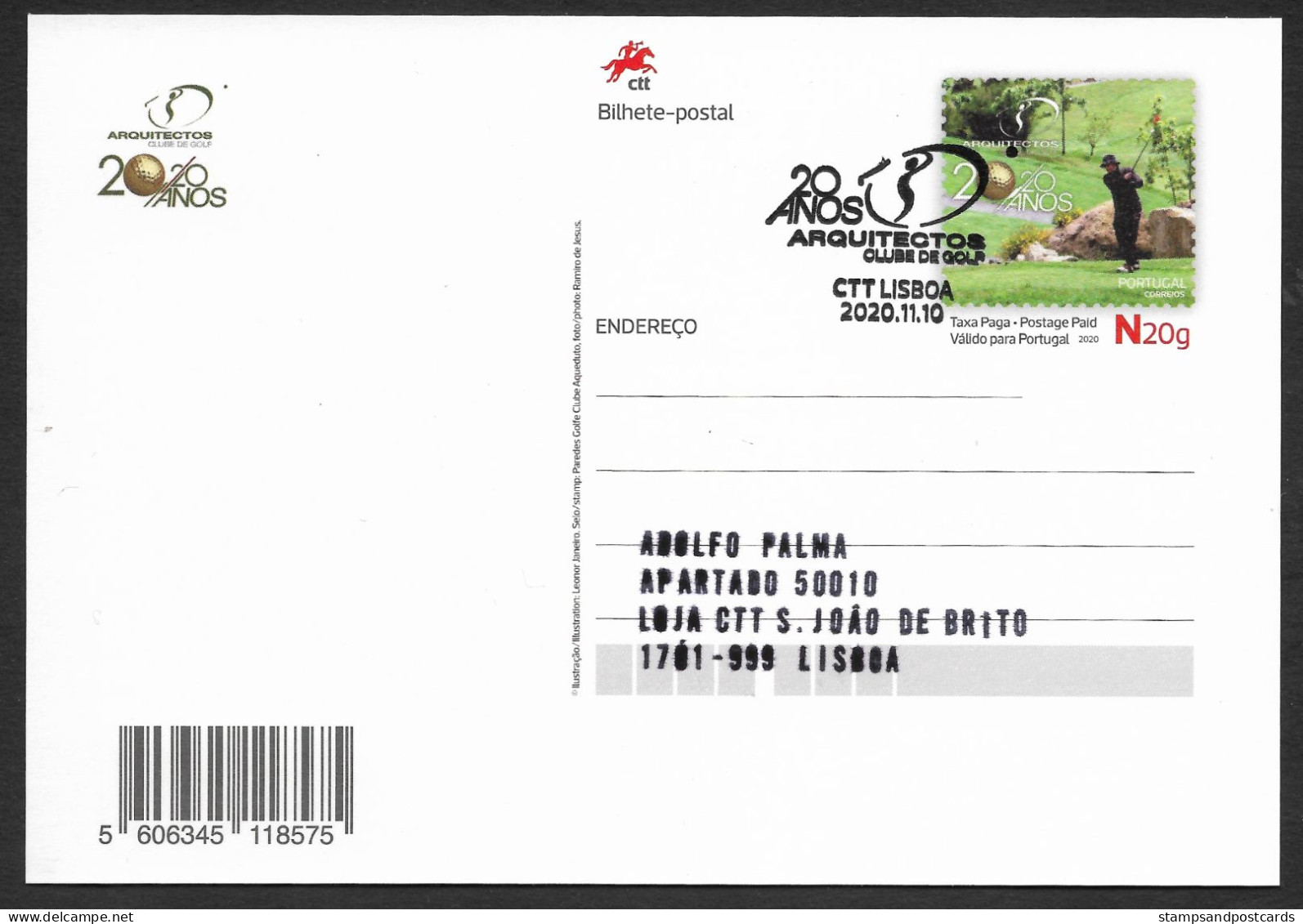Portugal Carte Entier Postal 2020 Club Golf Des Architectes 20 Ans Cachet Golf Architects Club Postcard Stationery Pmk - Golf