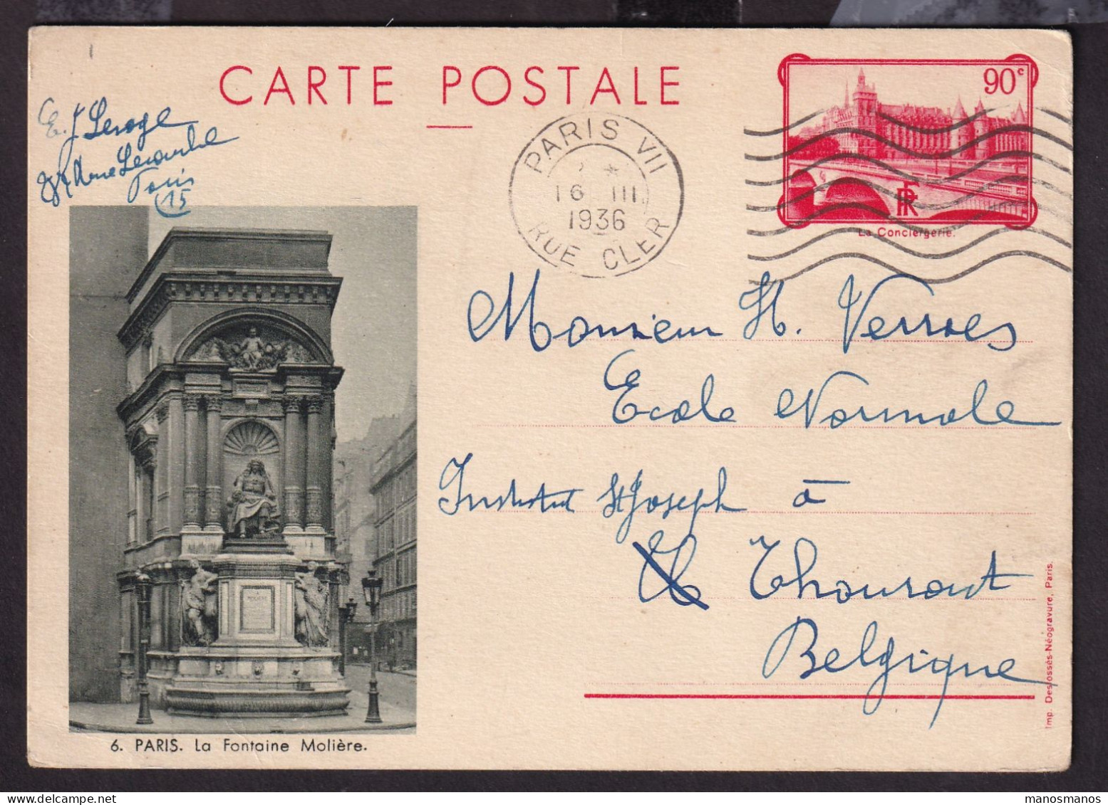 DDGG 033 - Carte 90 C Conciergerie Illustrée Paris. La Fontaine Molière - PARIS 1936 Vers La Belgique - Cartes Postales Types Et TSC (avant 1995)
