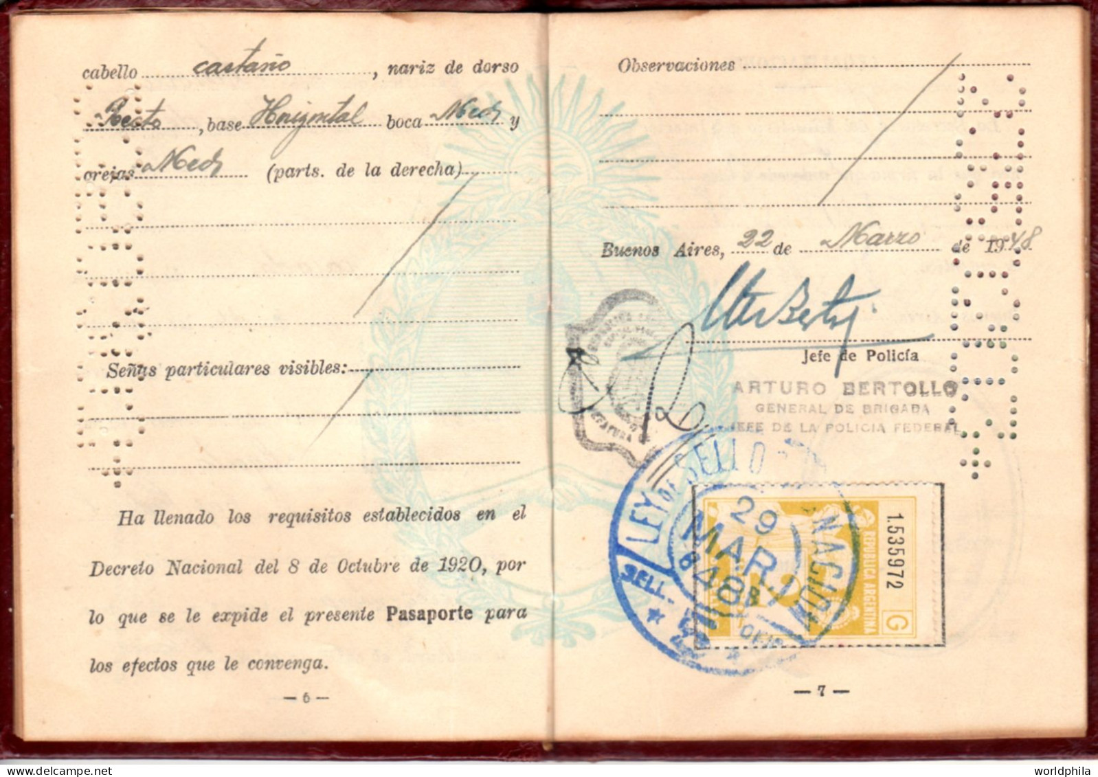 Argentina 1948 much travelled document, Europe, many revenue stamps. signed Passport History document