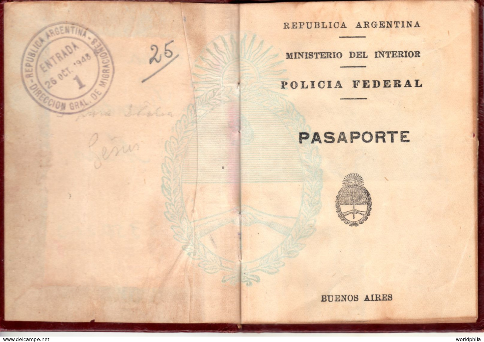 Argentina 1948 much travelled document, Europe, many revenue stamps. signed Passport History document
