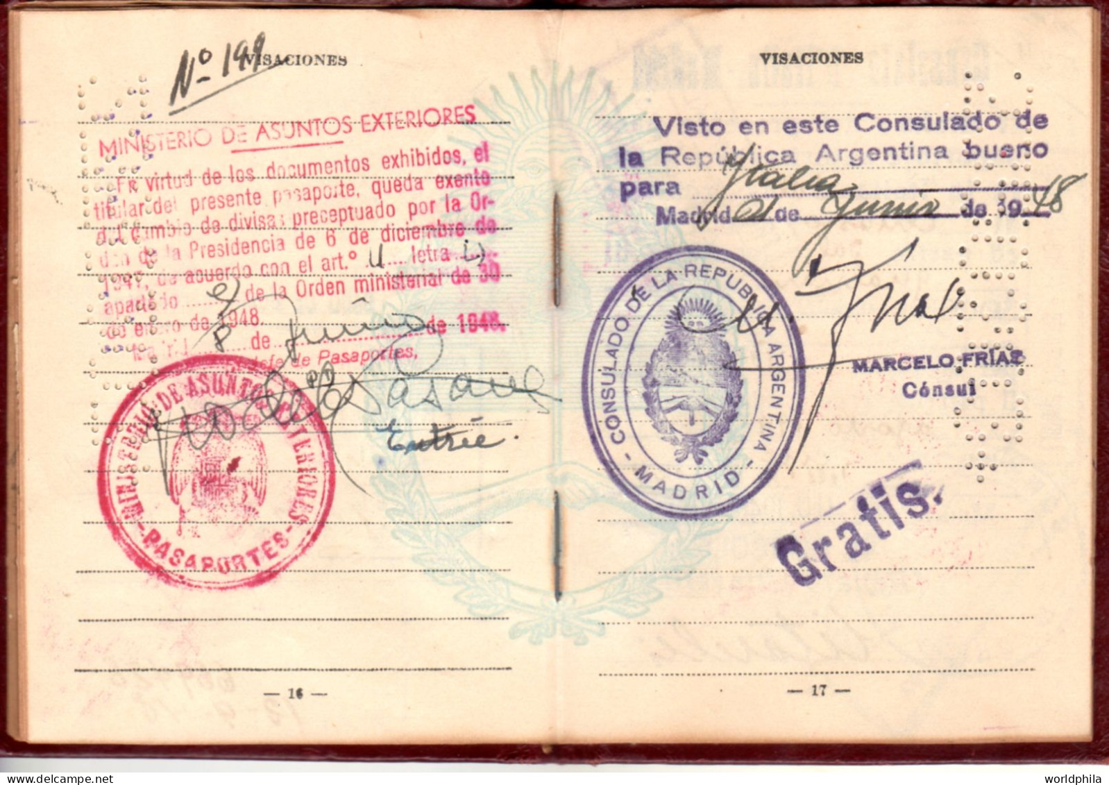 Argentina 1948 much travelled document, Europe, many revenue stamps. signed Passport History document