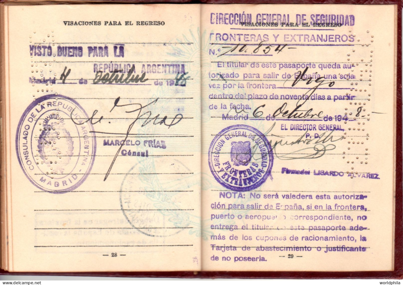 Argentina 1948 much travelled document, Europe, many revenue stamps. signed Passport History document