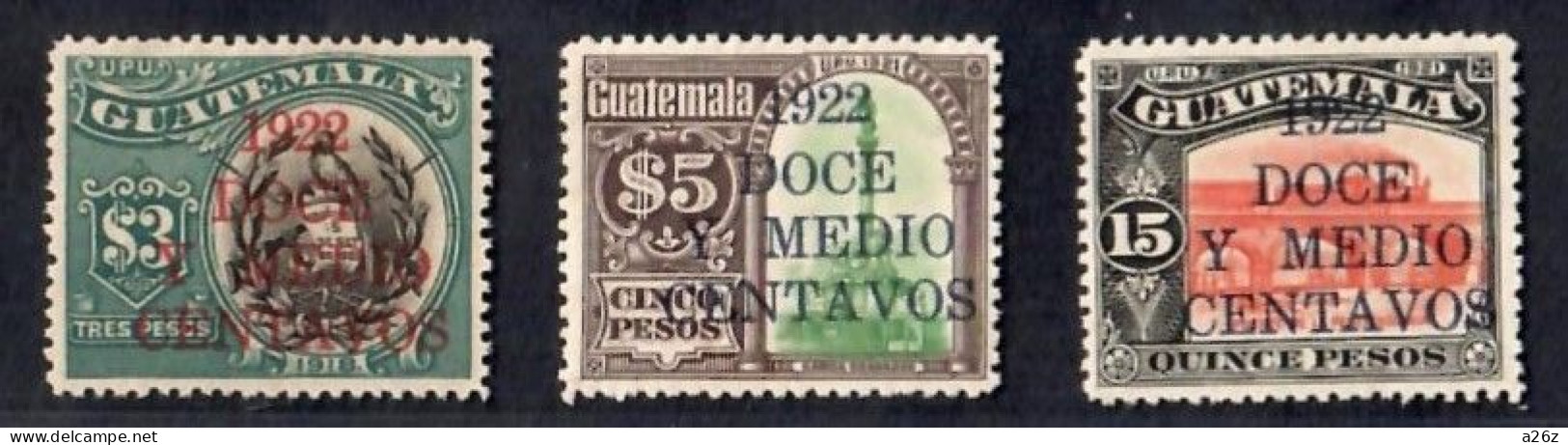 Guatemala 1922 National Emblem (R) ,Monument To President Granados Le Penitenciaria Bridge ( Dk Blue) 3V  MH - Guatemala