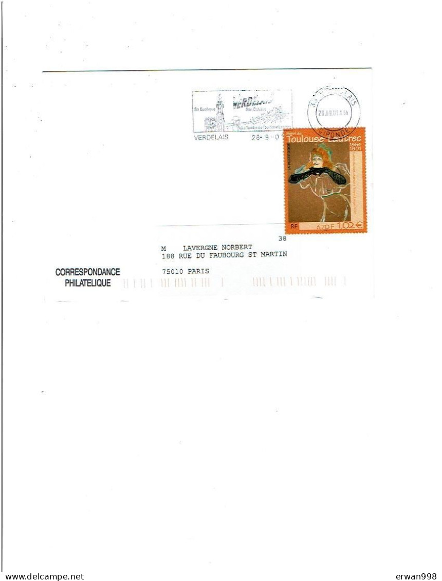 33 VERDELAIS Flamme SECAP HPS 28/9/2001TOULOUSE LAUTREC Conc YT 3421 Seul Sur Lettre Thème Art Peinture 10 - Mechanical Postmarks (Advertisement)