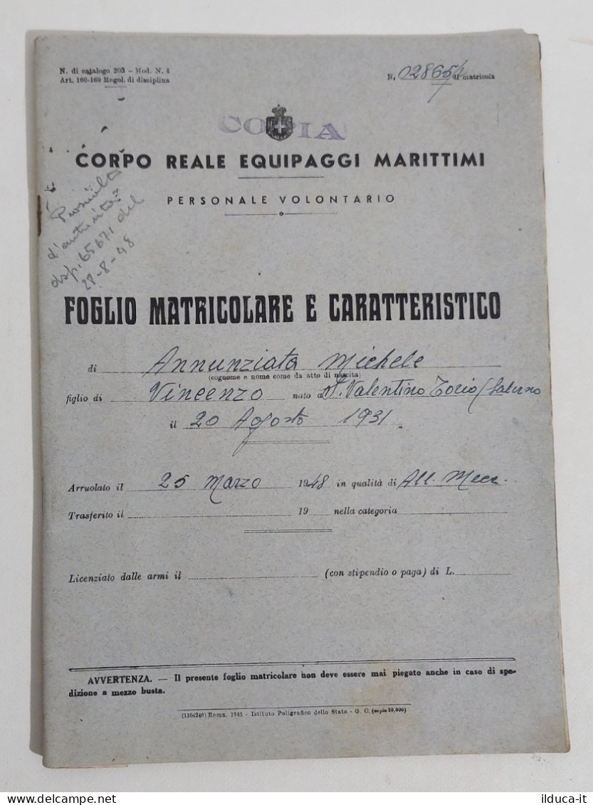 88533 05/crt Corpo Reale Equipaggi Marittimi - Foglio Matricolare 1931 - Historical Documents