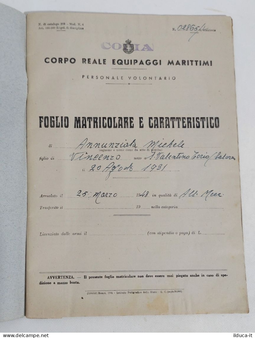 88533 05/crt Corpo Reale Equipaggi Marittimi - Foglio Matricolare 1931 - Documents Historiques