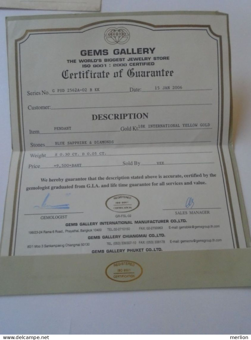 D202253  Gems Gallery -Certificate Of Guarantee - Thailand - Altri & Non Classificati