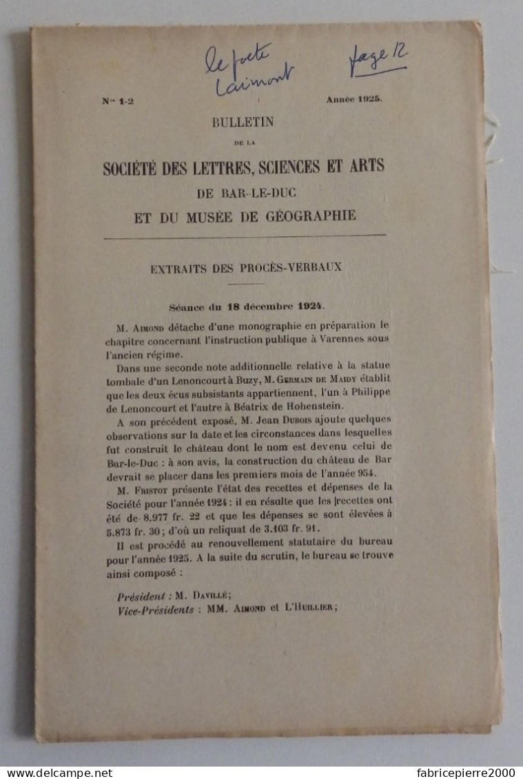 NETTANCOURT - Articles Du Bulletin De La Sté Des Lettres Siences Et Arts De Bar-le-Duc 1924 EXCELLENT ETAT Meuse - Lorraine - Vosges