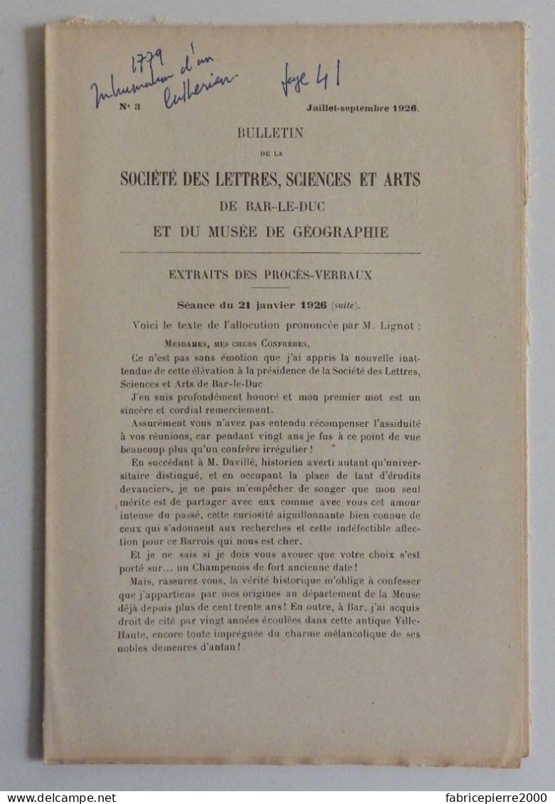 NETTANCOURT - Articles Du Bulletin De La Sté Des Lettres Siences Et Arts De Bar-le-Duc 1924 EXCELLENT ETAT Meuse - Lorraine - Vosges