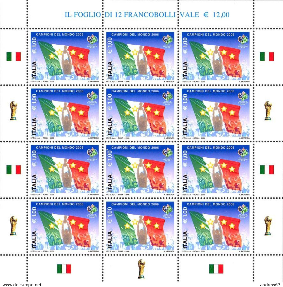 ITALIA - REPUBBLICA ITALIANA - 2006 - 1,00€ Italia Campione Del Mondo - Minifoglio Da 12 Francobolli - MNH - Complete Vellen