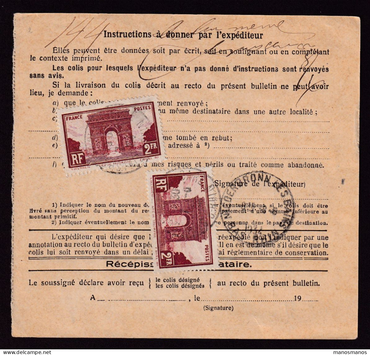 DDGG 037 - Bulletin D' Expédition TP Arc De Triomphe STRASBOURG 1934 Vers NIEDERBRONN - Storia Postale