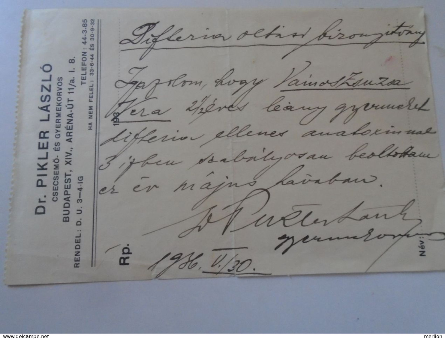D202256   Certificate For Child's Vaccination Against Diphtheria  1936 Dr. Pikler László  Budapest Hungary - Non Classés
