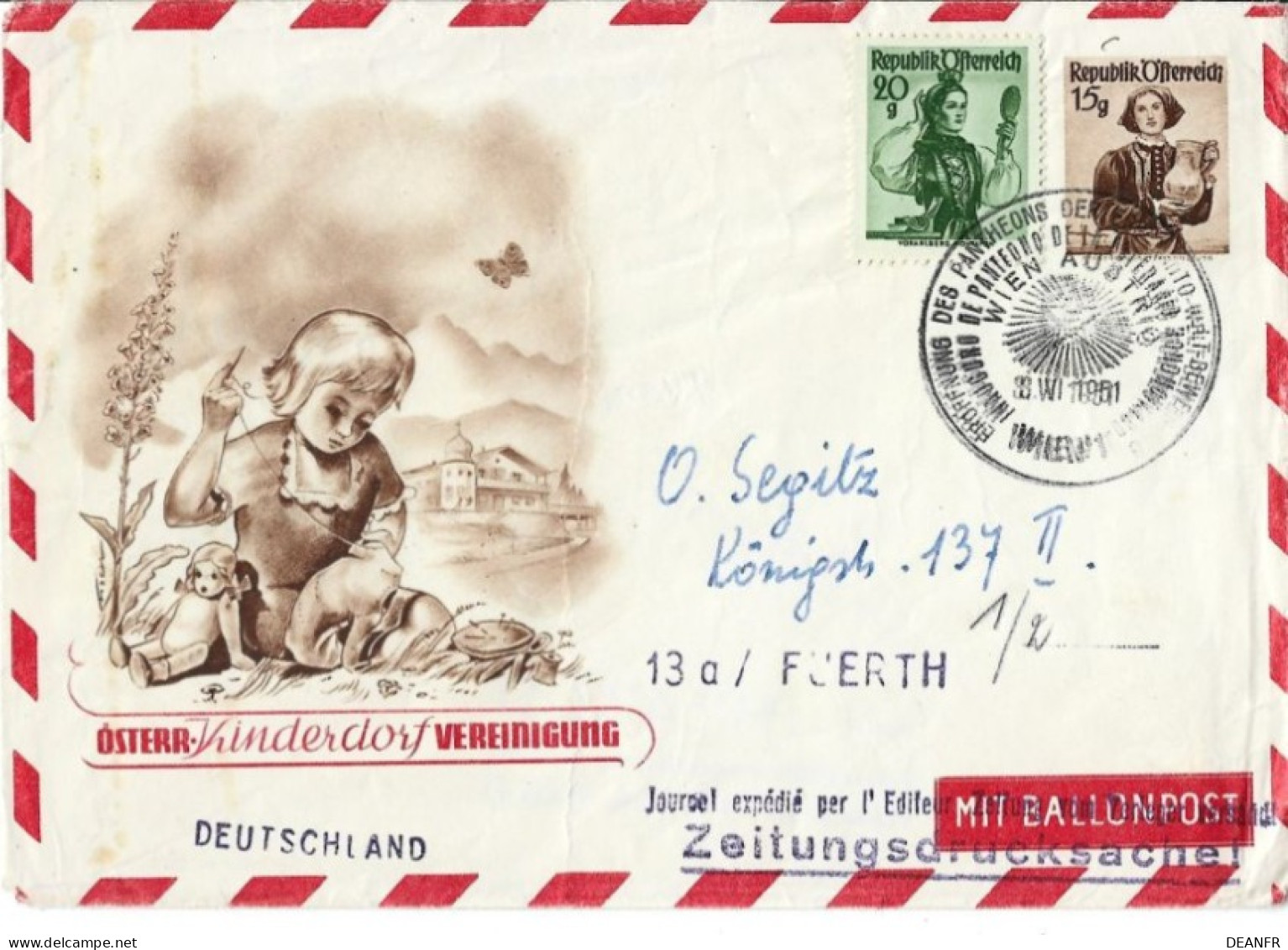 A - AUTRICHE : 1951 Enveloppe 15g + 20g ;Association Du Village D'Enfants D'Autriche - Ballonpost