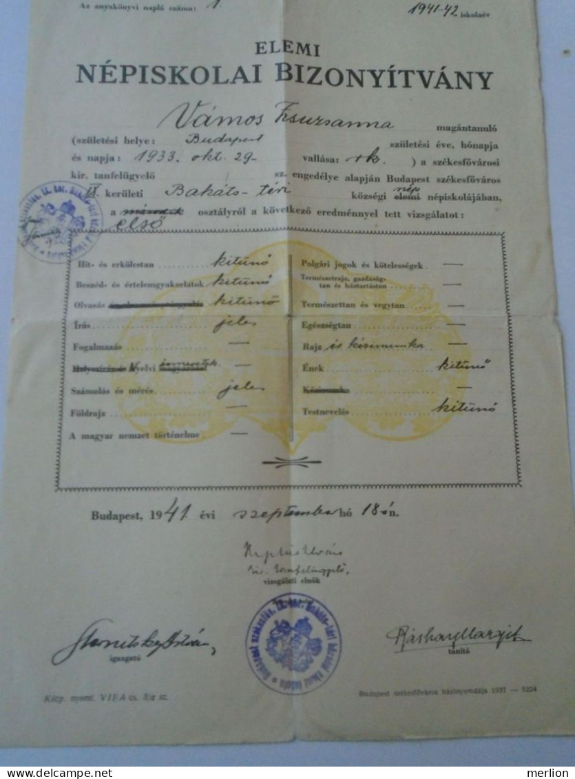 D202257   Elementary School Certificate, Budapest 1941  Hungary - Diploma & School Reports