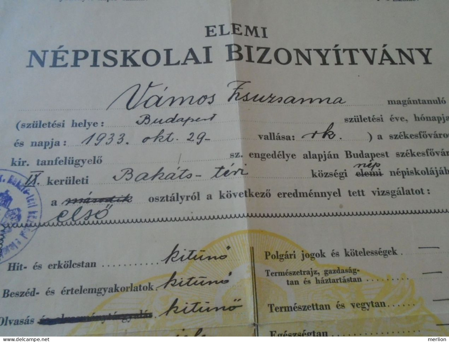 D202257   Elementary School Certificate, Budapest 1941  Hungary - Diploma & School Reports