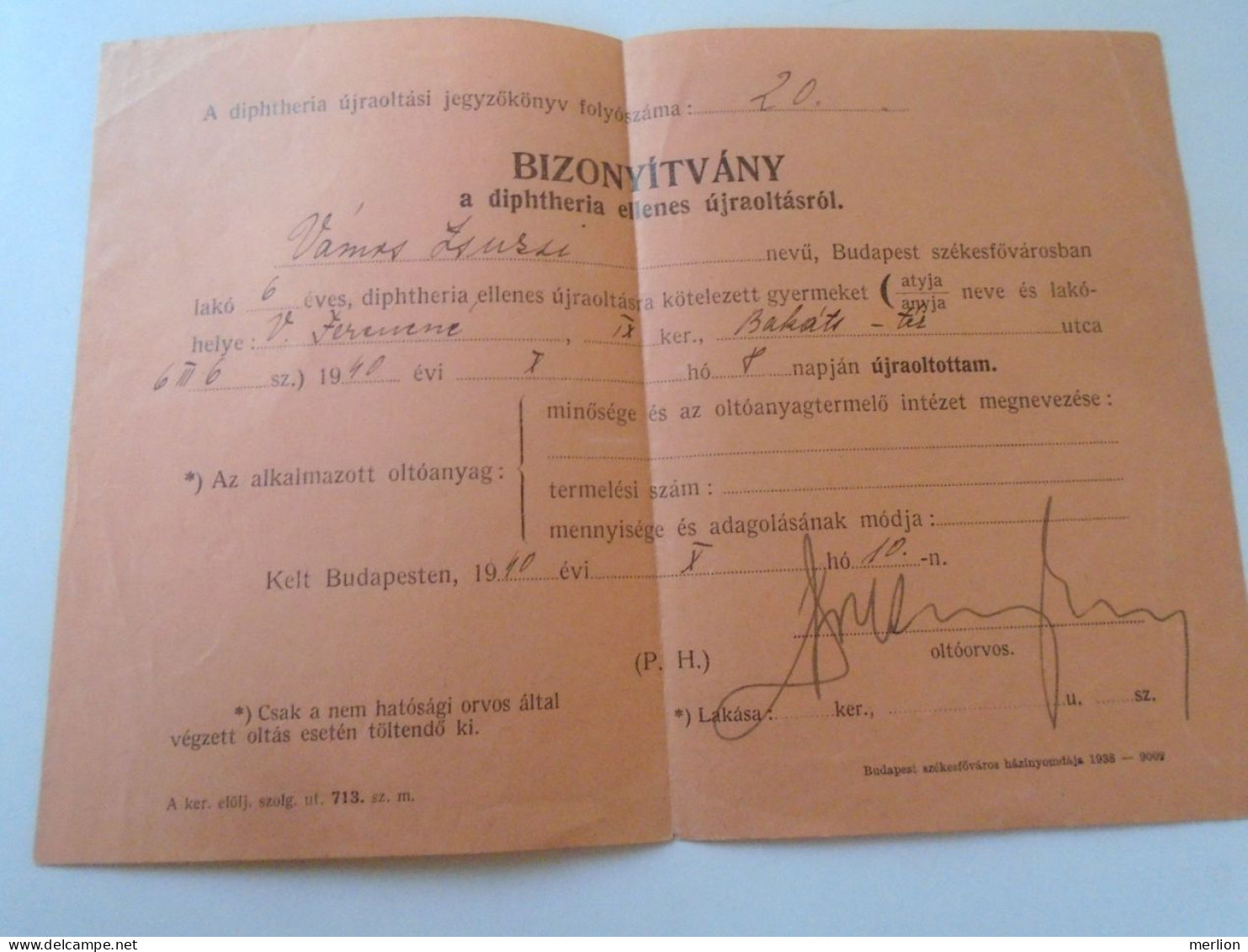 D202258   Certificate For Child's Vaccination Against Diphtheria  1940   Budapest Hungary - Unclassified