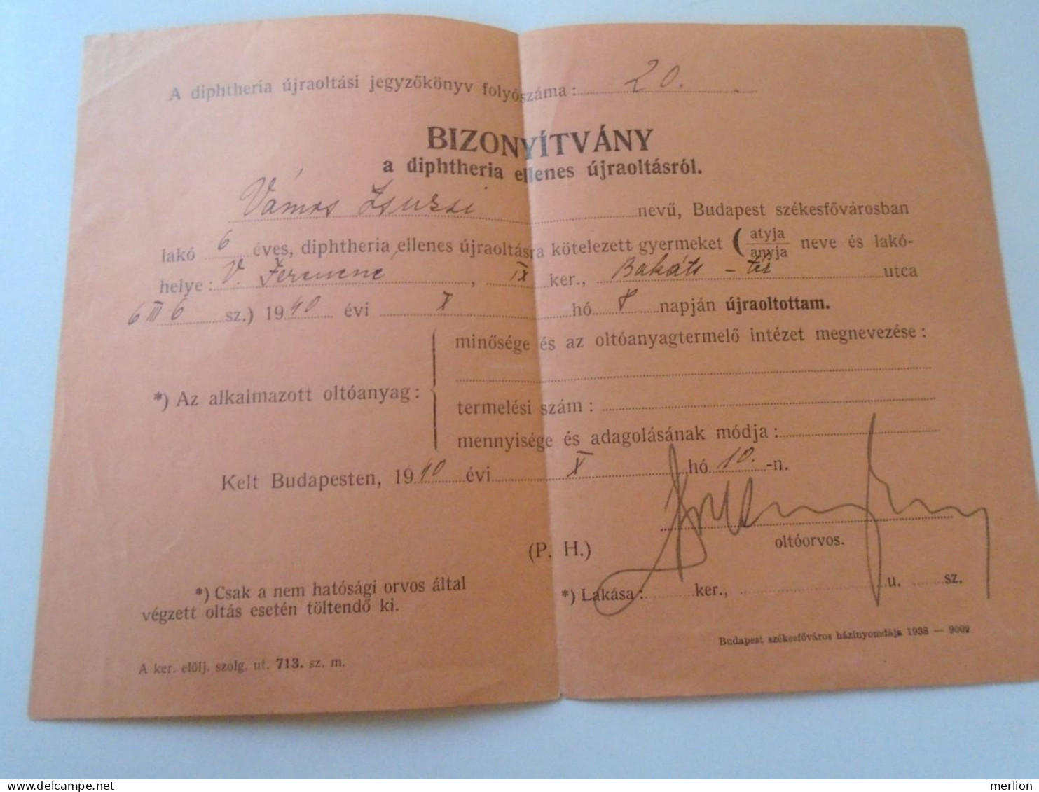 D202258   Certificate For Child's Vaccination Against Diphtheria  1940   Budapest Hungary - Non Classificati