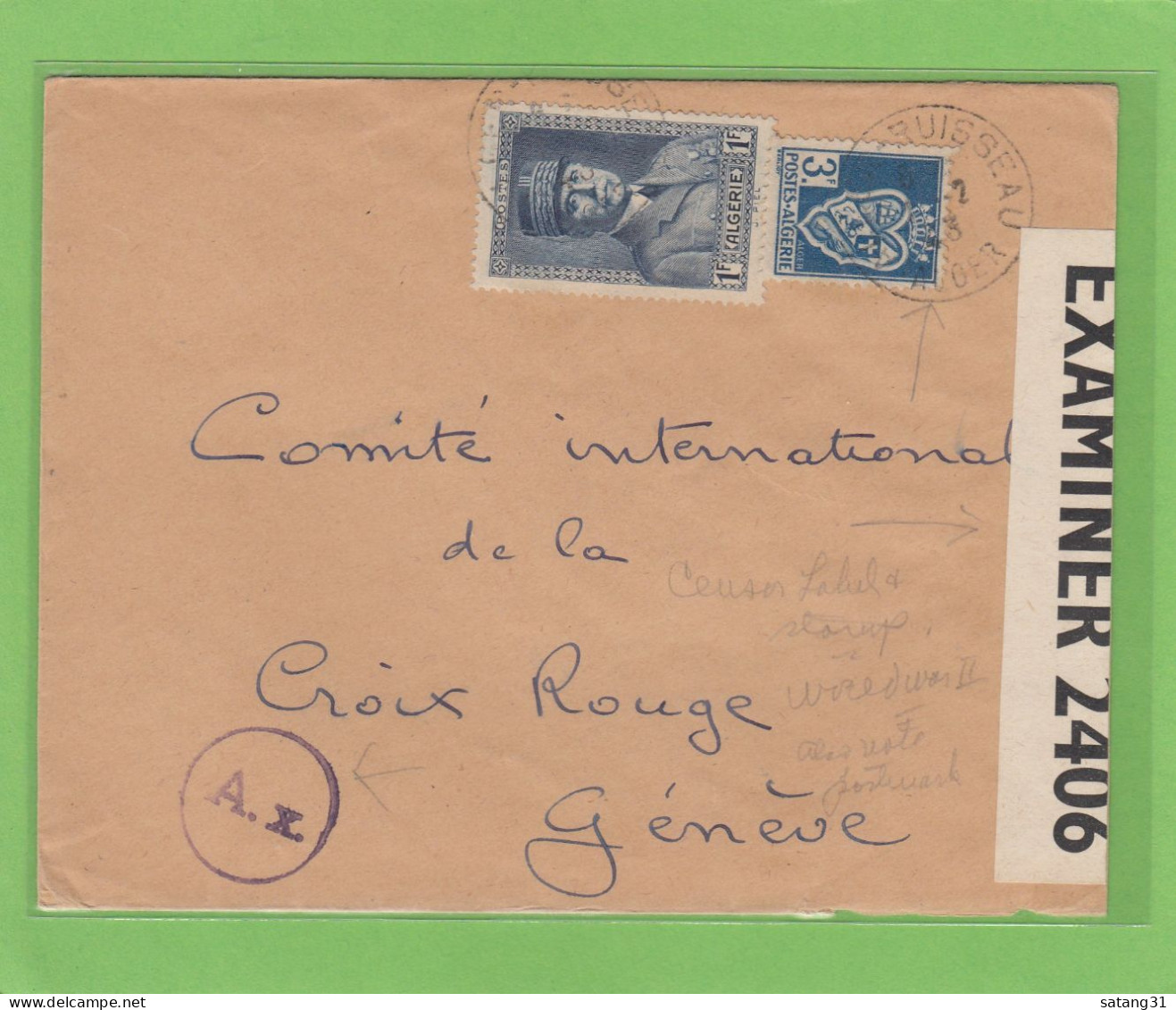 LETTRE D'ALGER - RUISSEAU POUR GENEVE,OUVERTE PAR LA CENSURE US. - Storia Postale