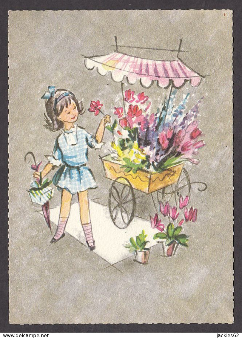 092259/ Fillette Près D'une Charrette De Fleuriste - Kinder-Zeichnungen