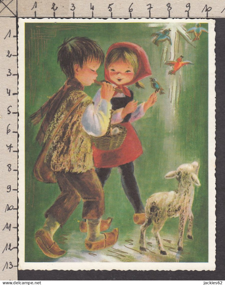 092270/ Couple D'enfants, Petit Berger Jouant De La Flûte, Agneau - Children's Drawings