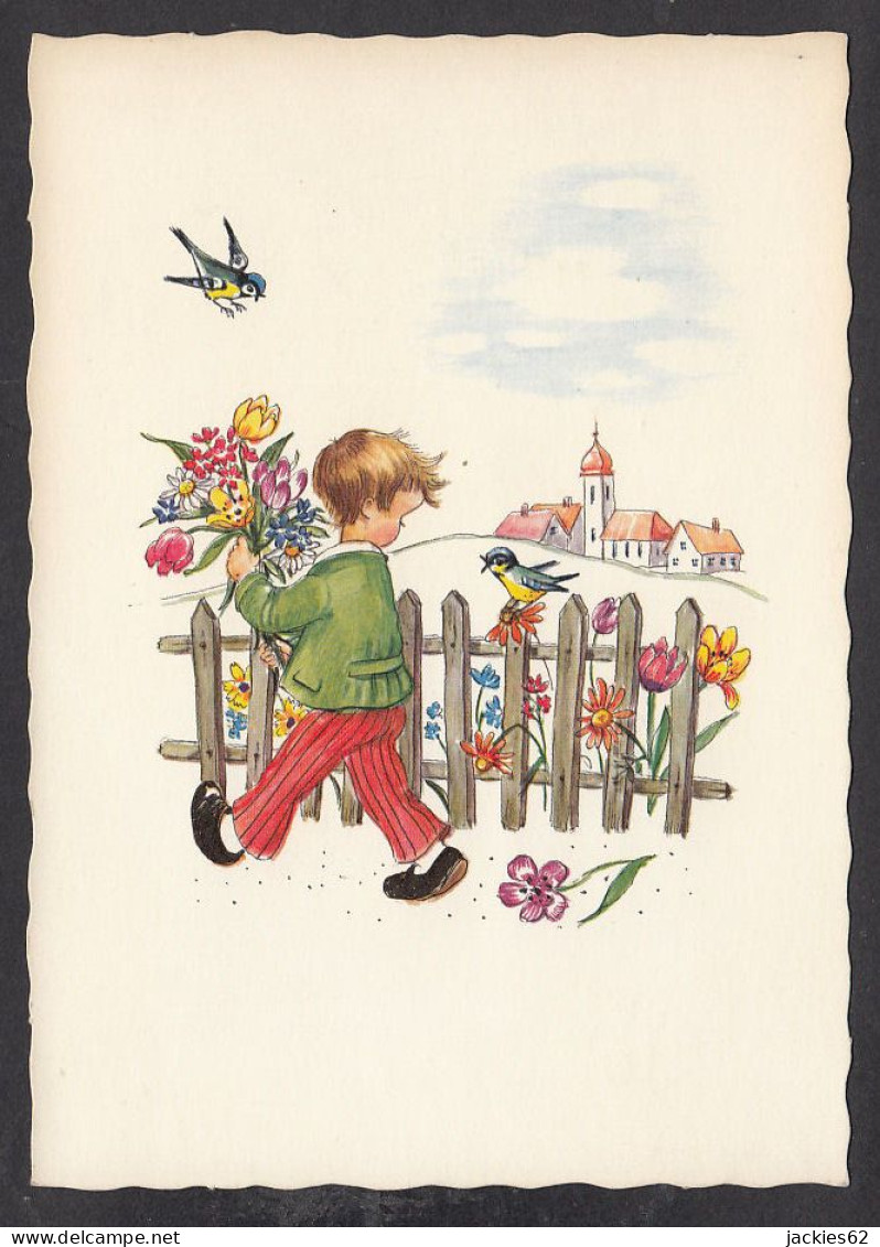 092257/ Garçonnet Avec Des Fleurs Et Des Oiseaux - Kinder-Zeichnungen