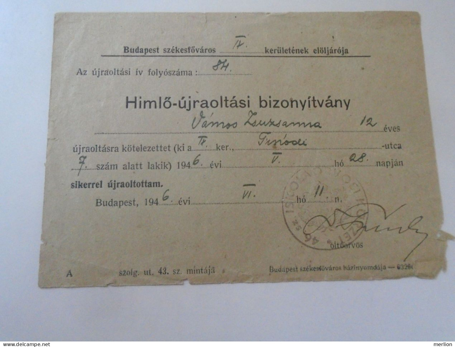 D202260  Certificate For Child's Vaccination Against  Variole  Chickenpox 1946 Budapest Hungary - Ohne Zuordnung