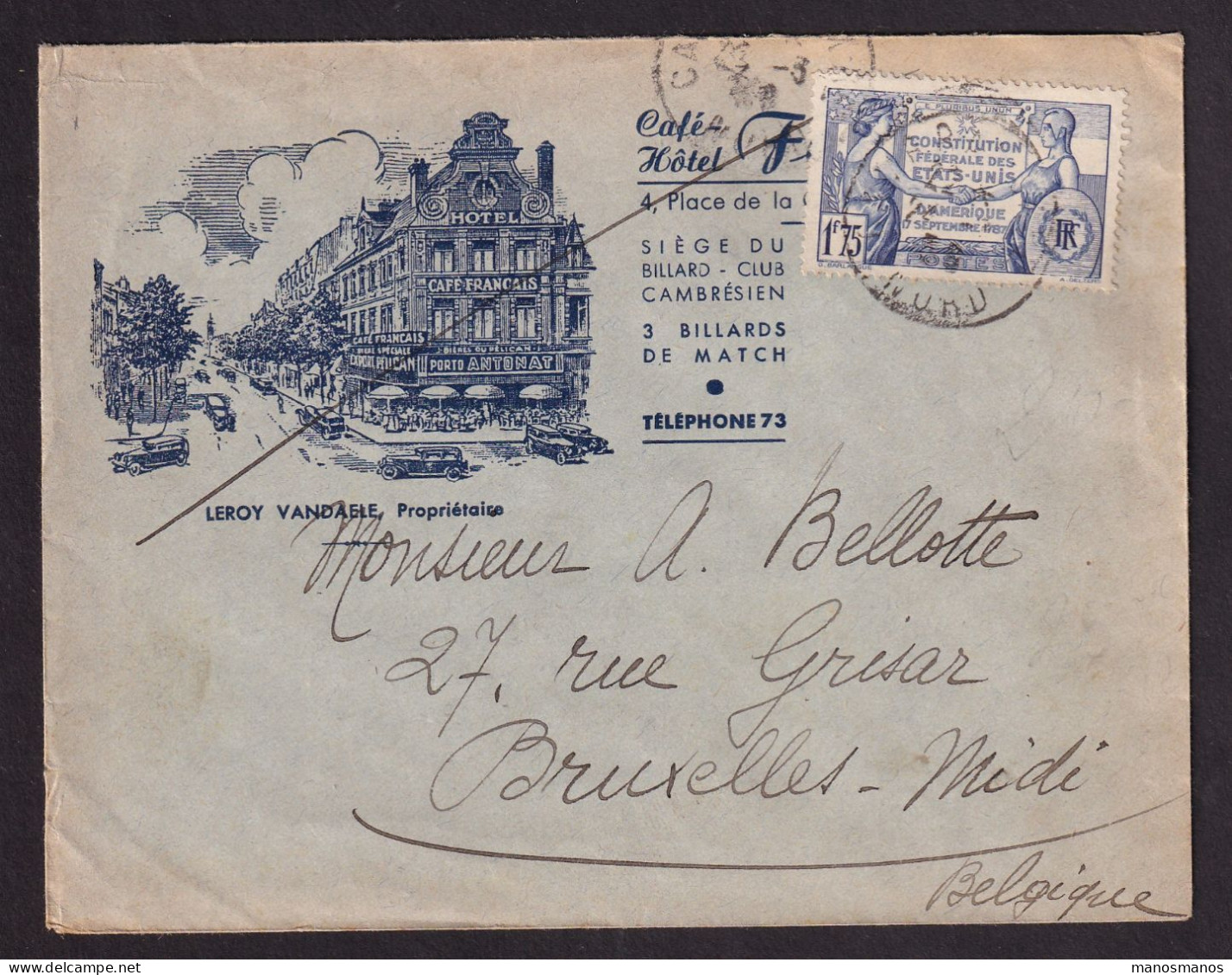 DDGG 039 - Enveloppe Illustrée "Hotel Français" TP 357 CAMBRAY 1938 Vers Bruxelles - Covers & Documents