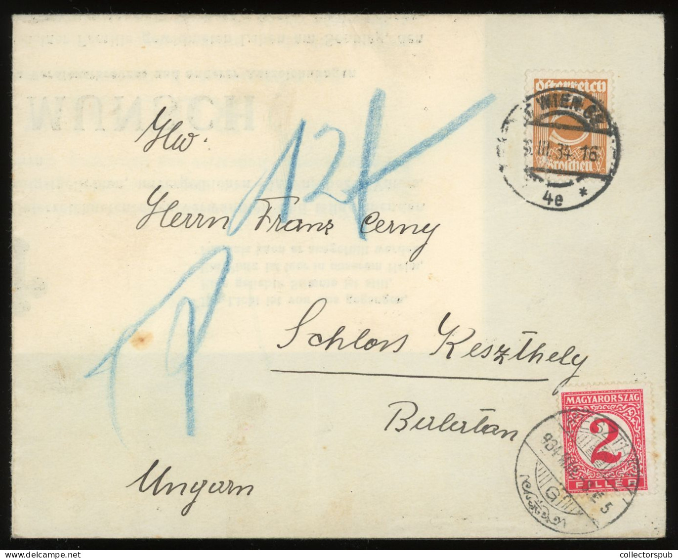 1934.  Cover From Austria With Postage Due Stamp - Briefe U. Dokumente