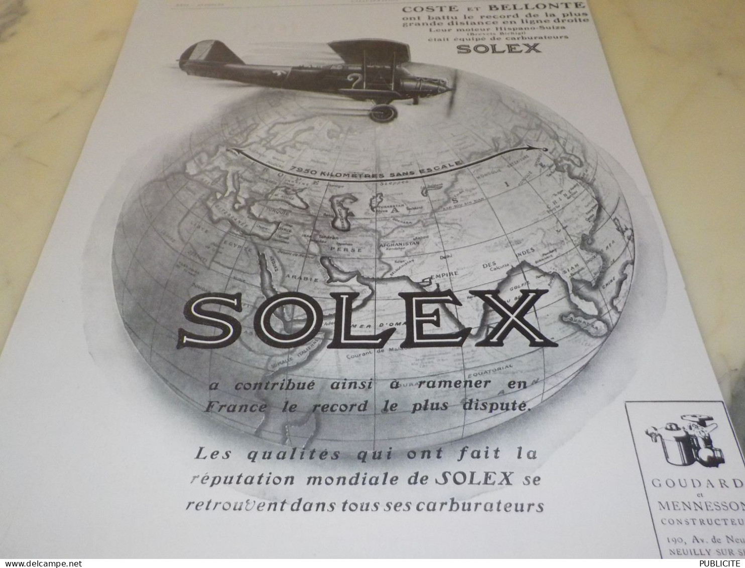 ANCIENNE PUBLICITE COSTE ET BELLONTE  CARBURATEUR SOLEX   1929 - Other & Unclassified