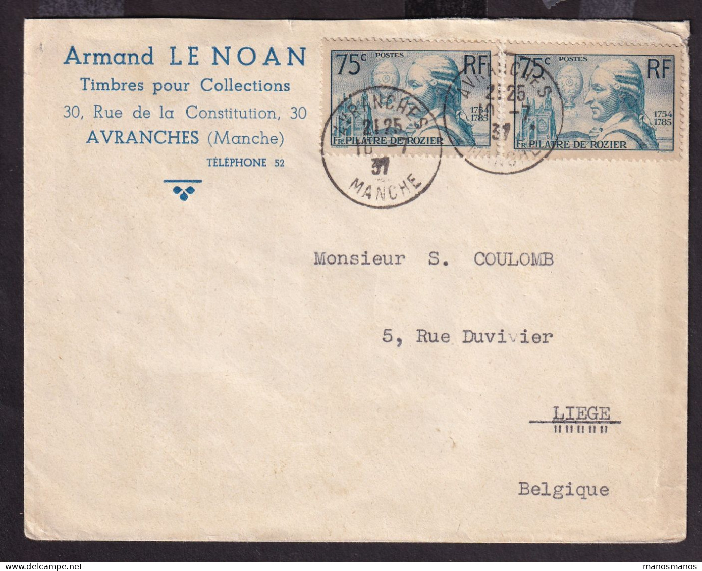 DDGG 040 - Enveloppe TP 313 (Pilatre De Rozier - Ballon) AVRANCHES 1937 - Entete Le Noan, Timbres Pour Collections - Storia Postale