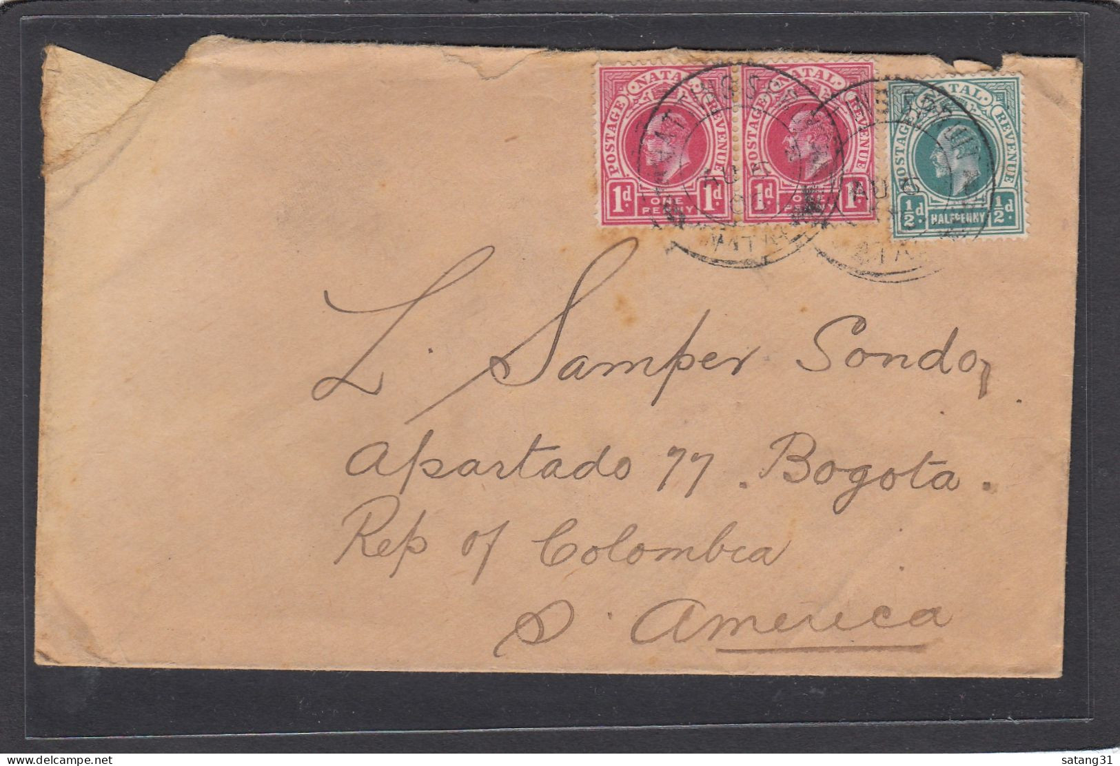 LETTRE DE HATTINGSPRUIT POUR BOGOTA,COLOMBIE.VIA NEWCASTEL,NATAL,1906. - Natal (1857-1909)