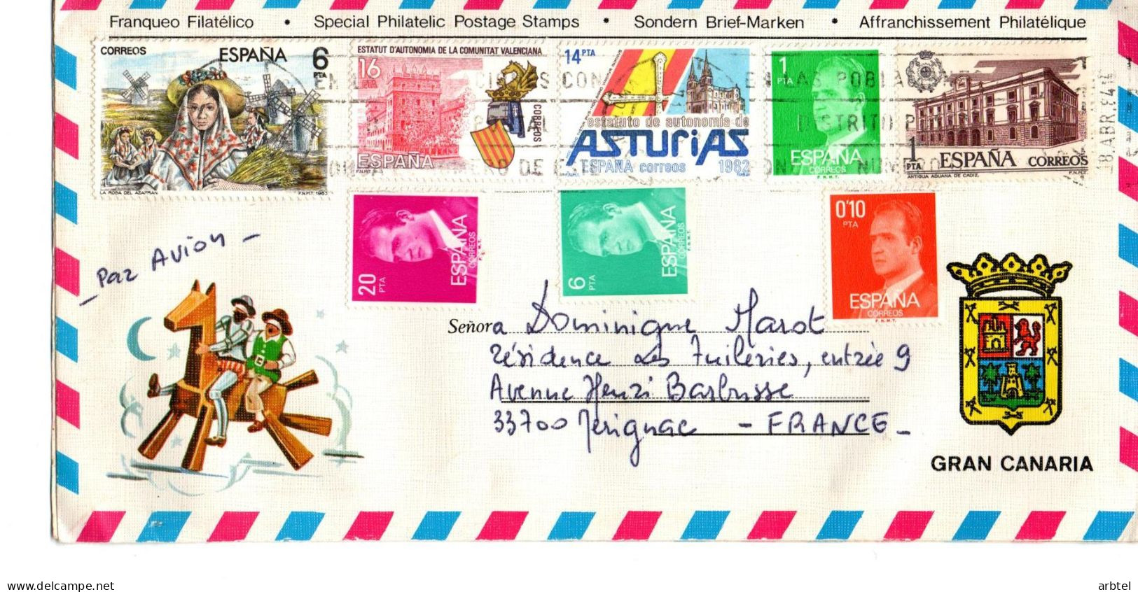 ESPAÑA SPAIN CC CANARIAS SOBRE TURISTICO MOLINO WINDMILL ASTURIAS VALENCIA COVADINGA ARTE - Storia Postale