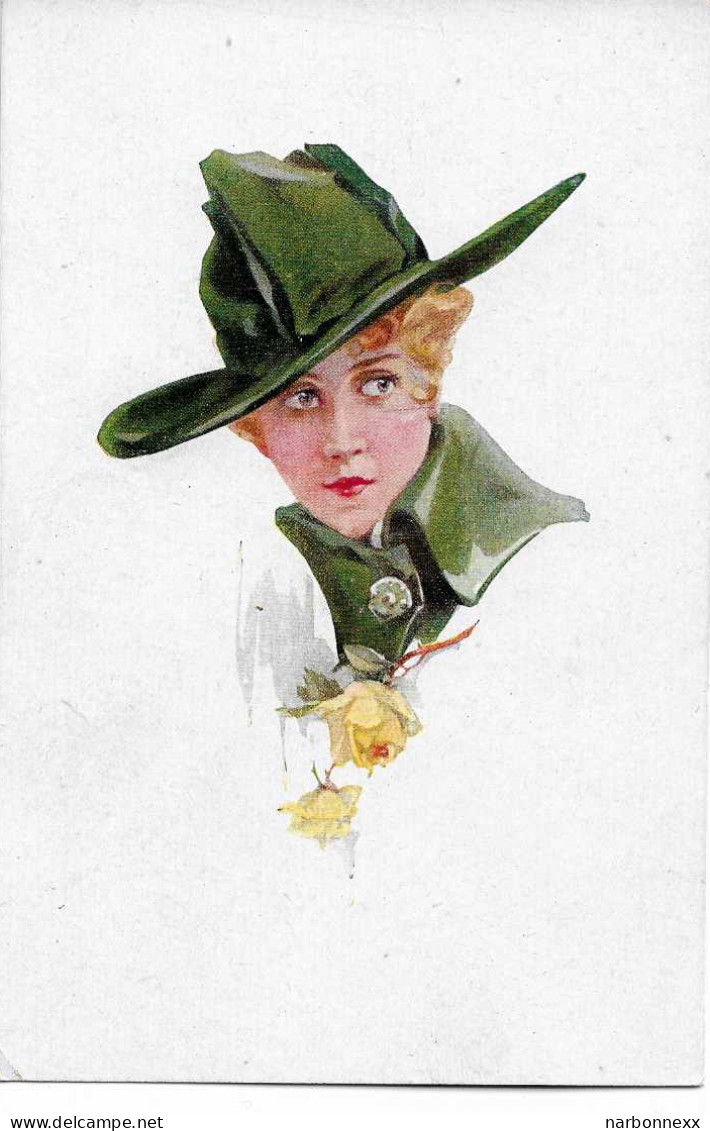 Belle Carte, Femme Avec Grand Chapeau Vert  ERKAL 358/5 - 1900-1949