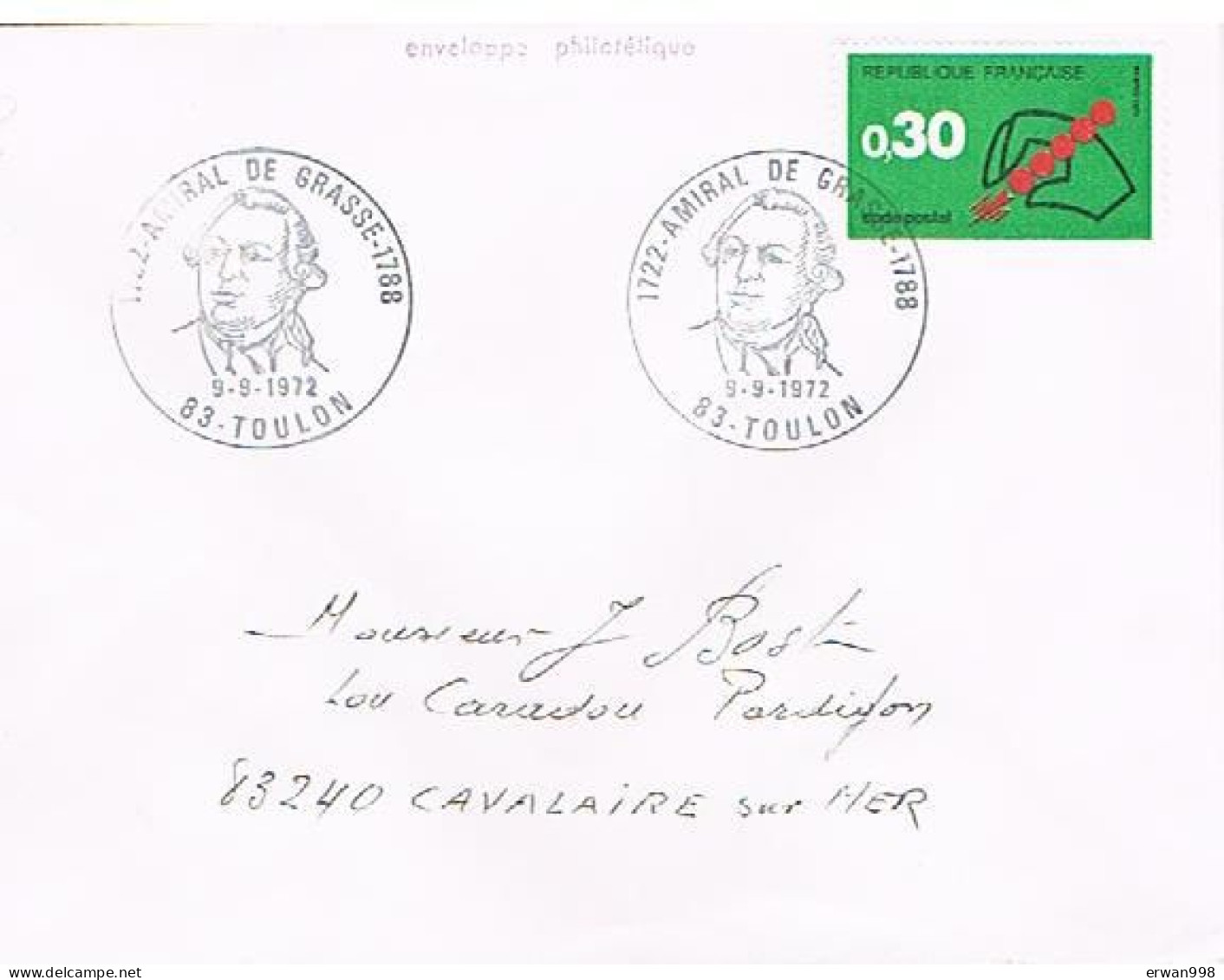 83 TOULON BT Du 9/9/1972 Amiral De Grasse Thème Indépendance USA S/ YT 1719 Code Postal   (24) - Gedenkstempel