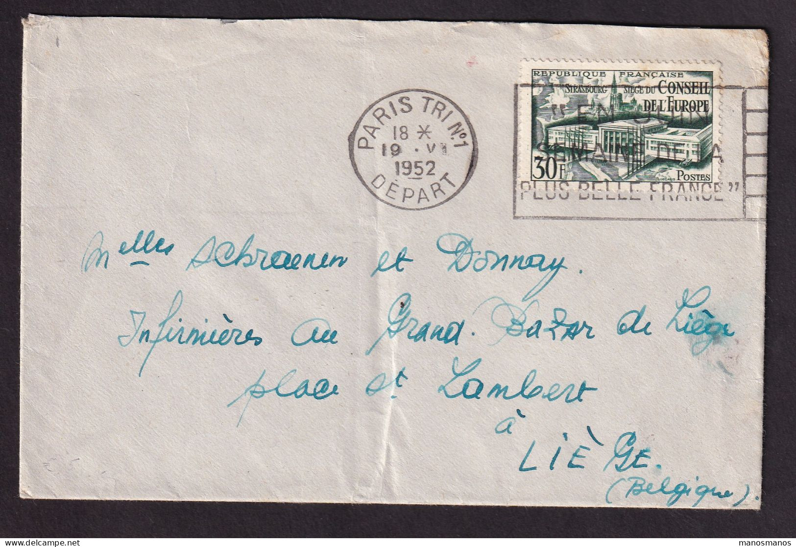 DDGG 041 - Enveloppe TP 923 (Conseil De L'Europe) PARIS 1952 Vers LIEGE Belgique - Covers & Documents