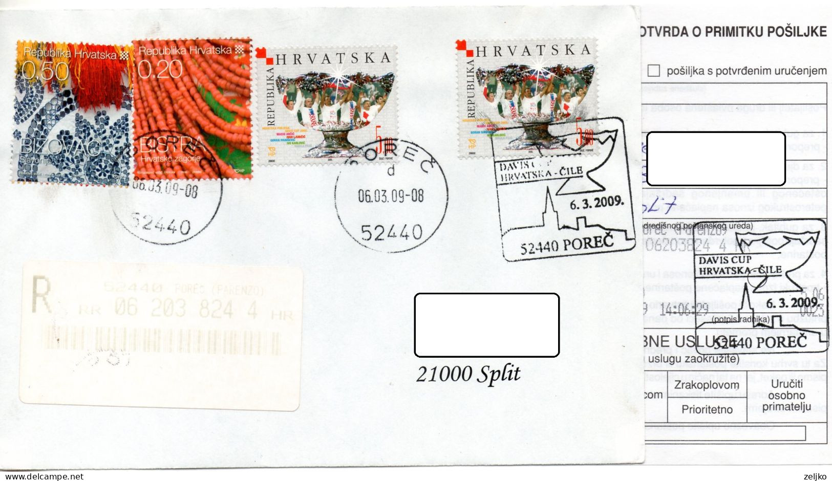 Croatia, Tennis, Davis Cup 2009, Croatia - Chile, Registered Cover With Receipt - Tennis