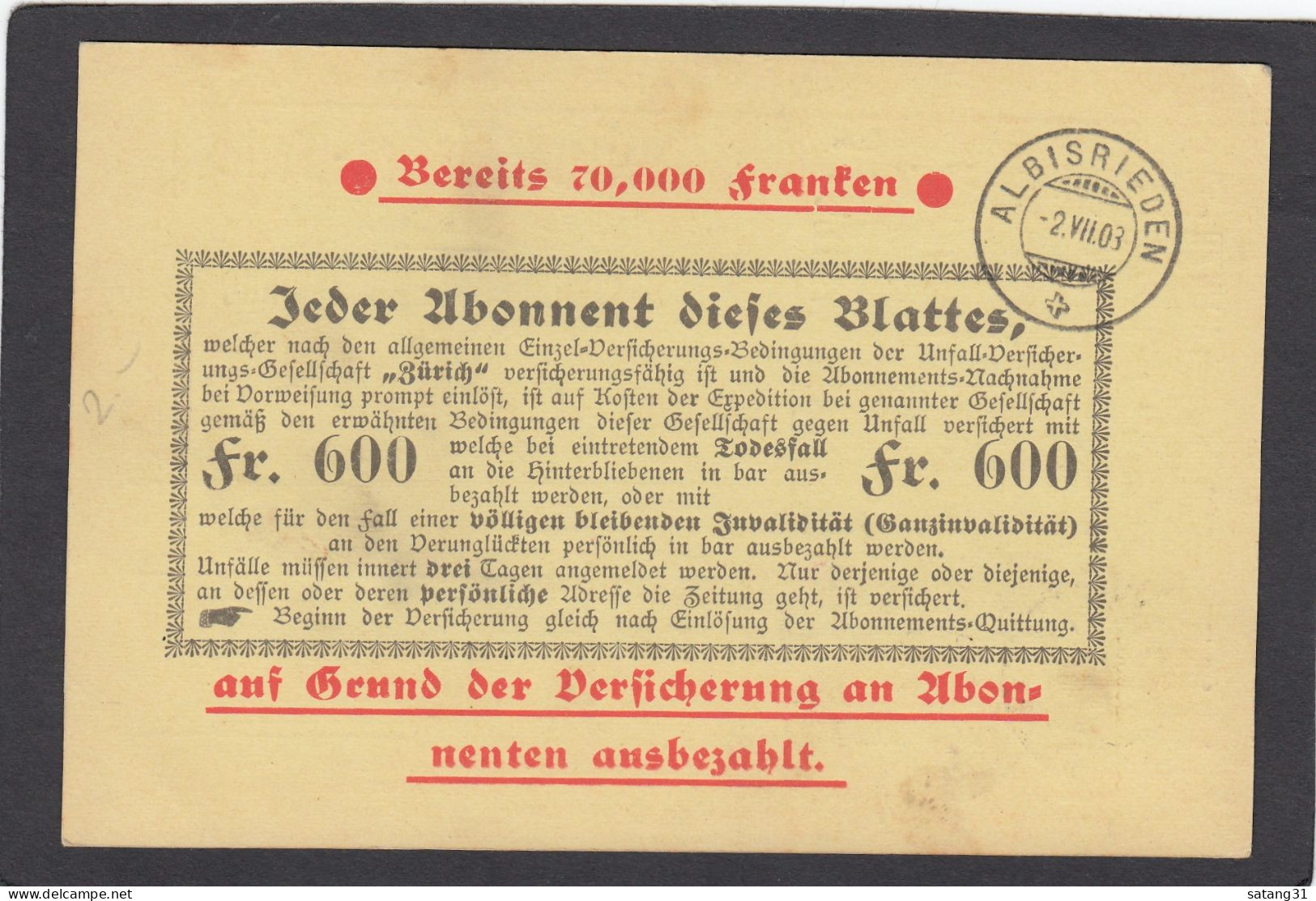 SCHWEIZER WOCHEN ZEITUNG,NACHNAHMEKARTE AUS ZURICH NACH ALBISRIEDEN,1903. - Lettres & Documents