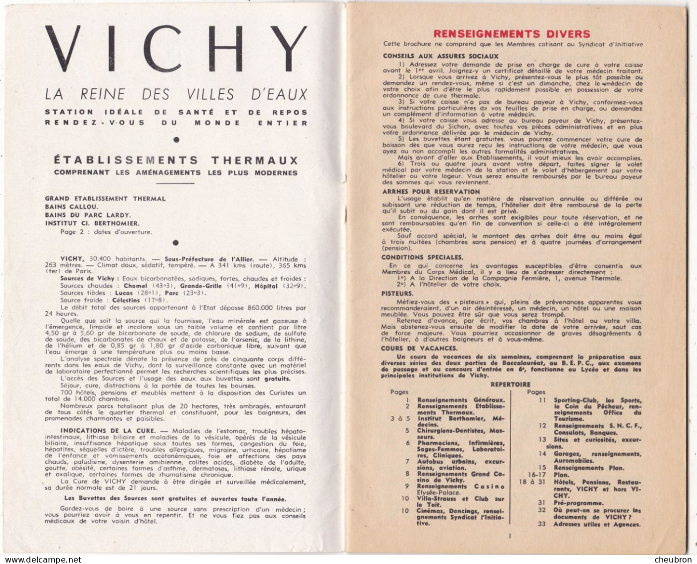 DEPLIANTS TOURISTIQUES. VICHY (03). GUIDE 31 PAGES. SAISON 1960. INFORMATIONS.. SERVICES. ACTIVITES..FETES. SPORTS.. - Reiseprospekte