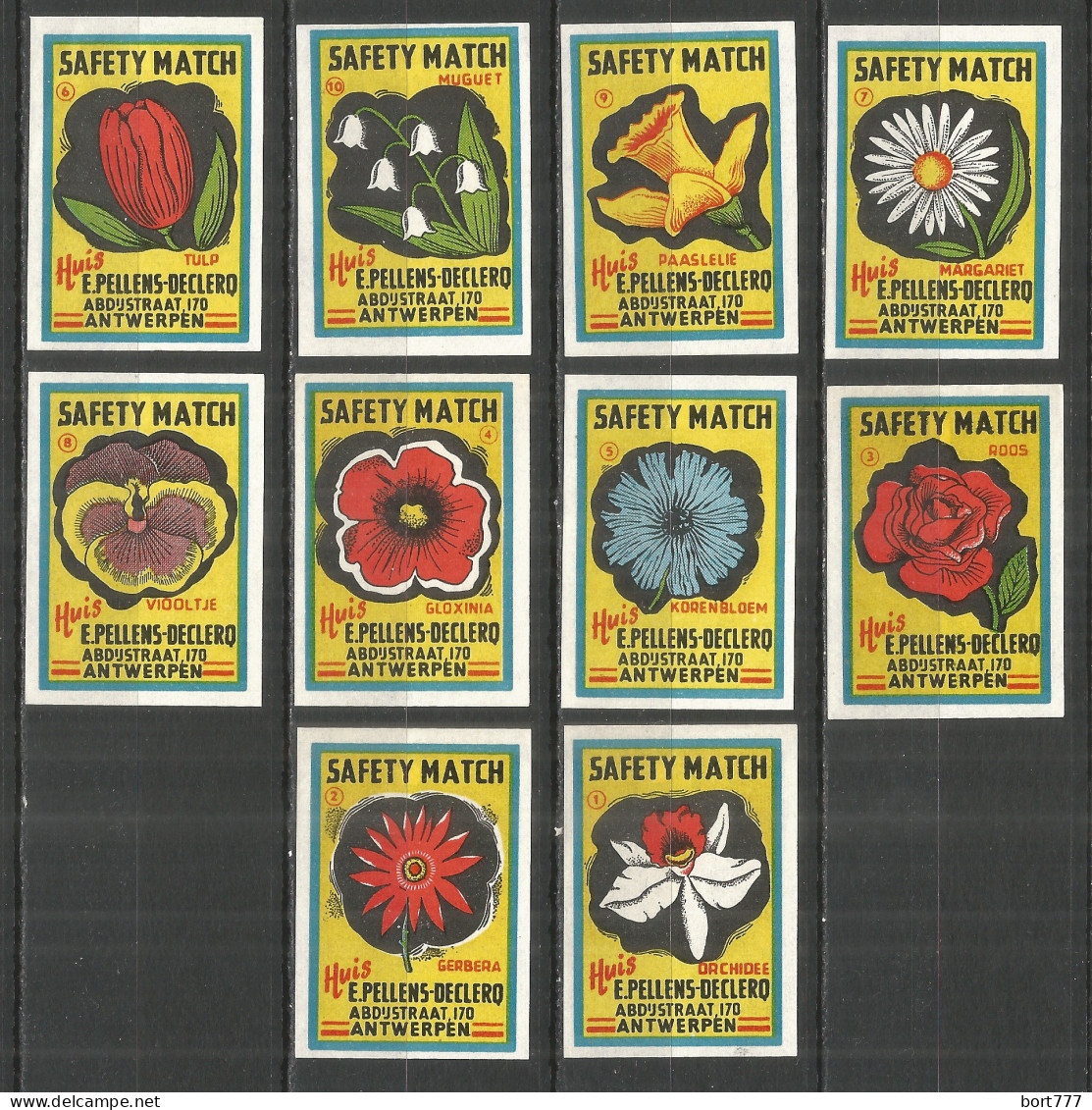 Belgium 10 Old Matchbox Labels Flowers - Luciferdozen - Etiketten